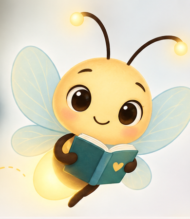 Lumi the firefly, Lumelia Press mascot, reading a little book